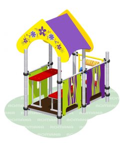 tematyczny plac zabaw domek z ławką